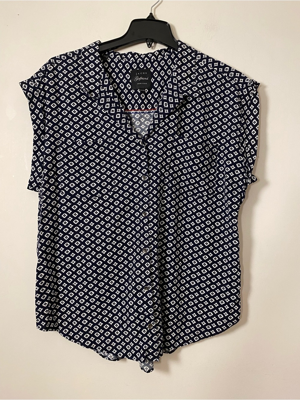 Navy and White Short-Sleeve Geometric Button-Down Shirt